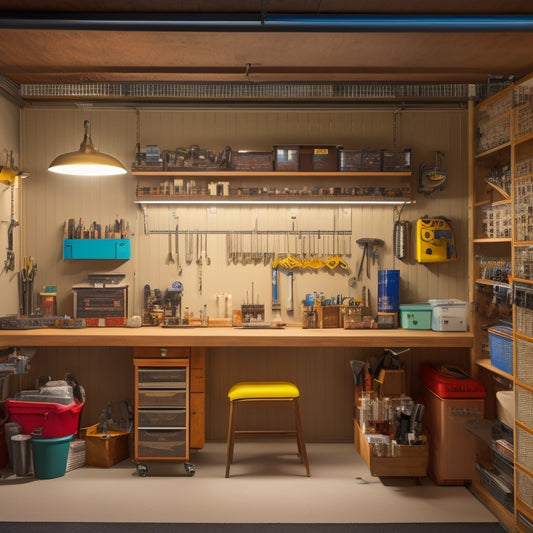 A tidy workshop with a pegboard backdrop, various tools hung in labeled categories, a rolling cabinet with transparent drawers, and a few well-placed hooks, all illuminated by a single overhead LED light.