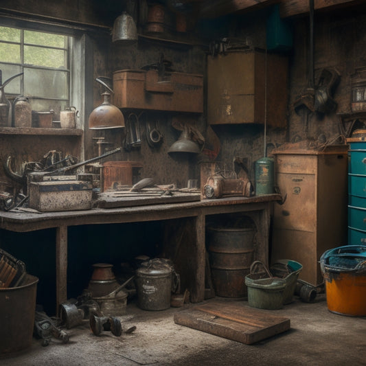 A cluttered garage with scattered tools, broken machinery, and tangled cords amidst a backdrop of oil-stained concrete, with a solitary workbench overwhelmed by rusty wrenches and mismatched bins.