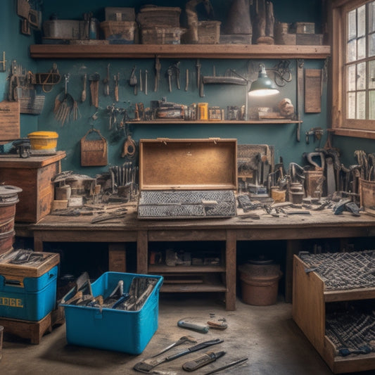 A cluttered, small workshop with a workbench and various tools scattered around, contrasted with a compact tool box in the center, organized and labeled, with a few tools neatly arranged on top.