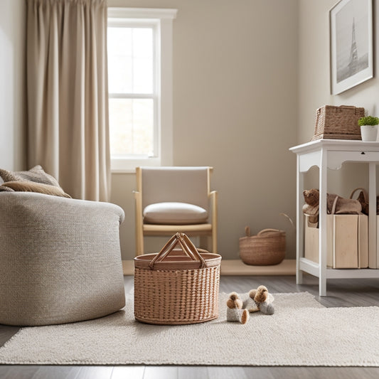 A serene, minimalist living room with beige walls, polished wood floors, and a few strategically placed bin baskets in natural wicker, containing neatly folded linens and toys.