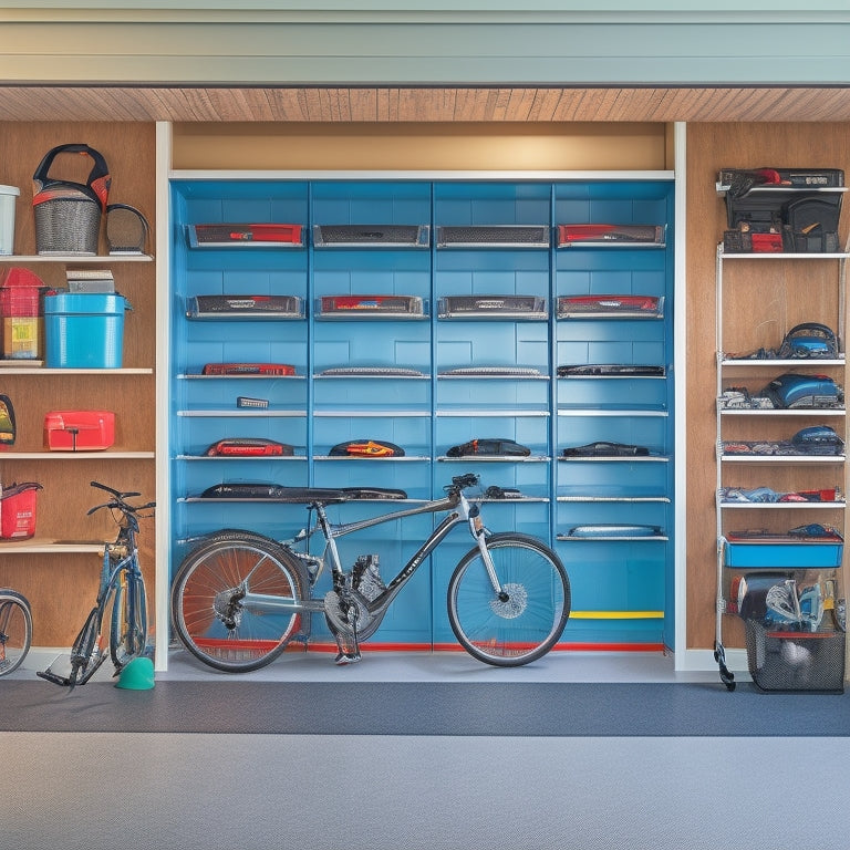 A clutter-free garage with a sleek, silver Allspace Garage Organizer system on the back wall, holding various tools, sports equipment, and storage bins, with a few bicycles and a lawn mower neatly parked in front.