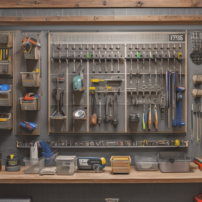 A clutter-free garage or workshop with a wall-mounted pegboard featuring various tool organizers, hooks, and bins, showcasing a system of neatly arranged hammers, screwdrivers, wrenches, and other tools.