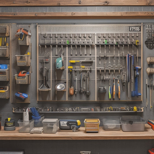 A clutter-free garage or workshop with a wall-mounted pegboard featuring various tool organizers, hooks, and bins, showcasing a system of neatly arranged hammers, screwdrivers, wrenches, and other tools.