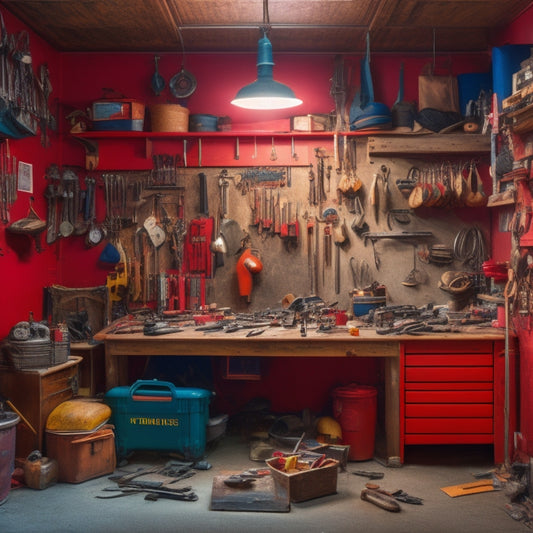 A cluttered workshop with scattered tools, tangled cords, and open drawers, with a few tools hanging precariously from the ceiling, and a red toolbox in the center with its lid ajar.