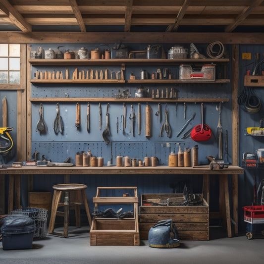 A tidy, well-lit garage or workshop with a variety of tools, including hammers, screwdrivers, and pliers, hanging from pegboard hooks on a wall, with a minimalist background and a few scattered wooden crates.
