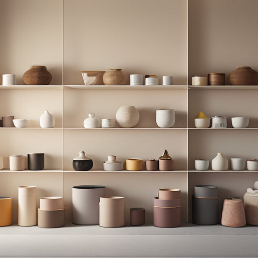 A tidy, minimalist room with 10 small, varied storage bins in different shapes, sizes, and colors, arranged artfully on a shelf, with a subtle, warm lighting effect.