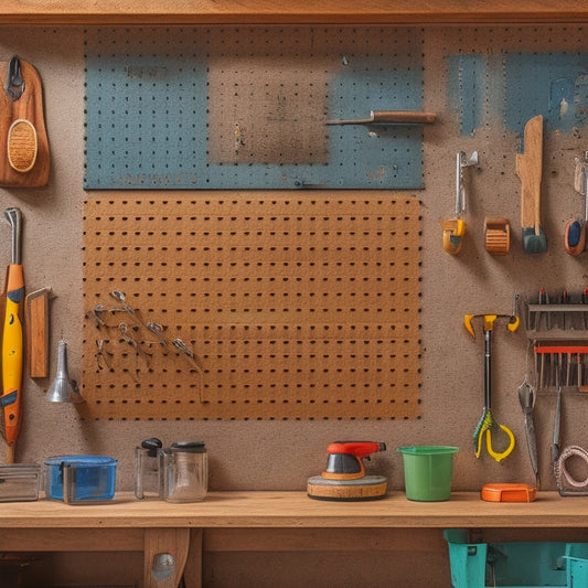 A pegboard with assorted tools and accessories, neatly organized with labeled bins, hooks, and dividers, against a clean and well-lit workshop background, with a subtle hint of wood grain texture.