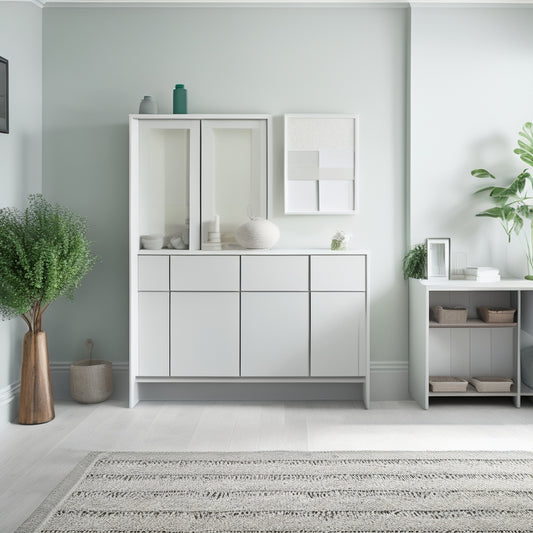 A serene, minimalist home interior with a few, strategically placed bins and drawers in a calming color palette, containing neatly organized household items, against a clean, white background.