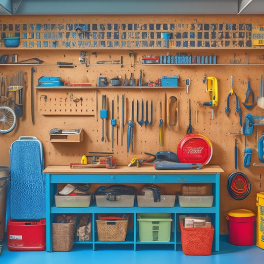 A clutter-free garage workshop with a pegboard on the wall, holding a variety of DIY tools, including a hammer, level, and pliers, surrounded by labeled bins and a rolling tool chest.