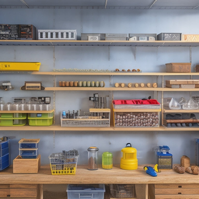 A tidy workshop with a pegboard lined with small, labeled bins and dividers, containing screws, nuts, and bolts, alongside a compact shelving unit with stacked, transparent drawers.