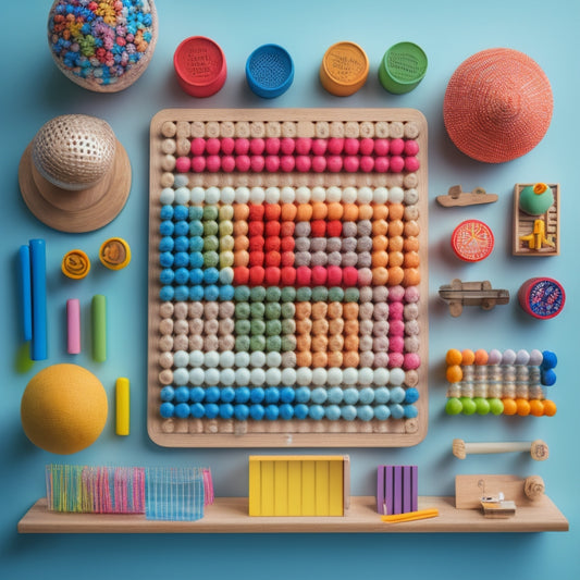 A colorful, well-organized workspace with a wooden Montessori peg board at the center, surrounded by a set of varied pegs, beads, and other learning materials, against a clean, white background.