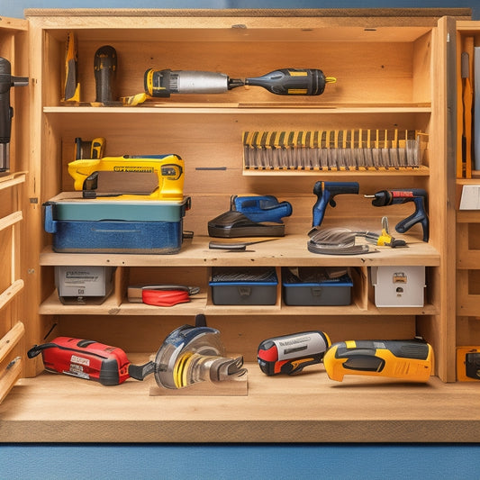 A clutter-free tool box interior with custom-fit dividers, neatly arranged power tools, and labeled compartments, showcasing a drill press, impact driver, and circular saw in a compact, organized space.