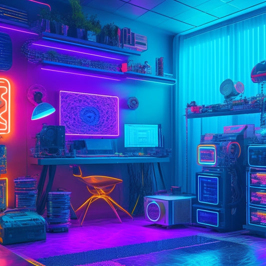 A vibrant, futuristic digital art studio with scattered illustrations, colorful cables, and neon-lit gadgets, surrounded by floating screens displaying mesmerizing, swirling patterns and shapes.