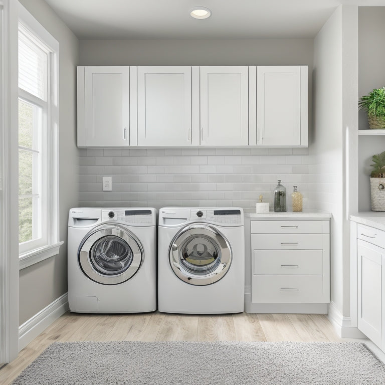 A modern, sleek, and well-organized laundry room with three wall-mounted storage cabinets in a crisp white finish, adorned with chrome handles, above a matching washer and dryer.