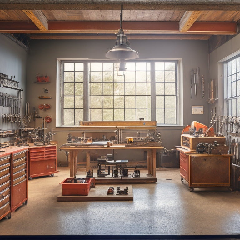 A well-organized workshop with a central workbench, surrounded by metalworking machines, tool chests, and pegboards, with a large overhead crane and natural light pouring in through large windows.