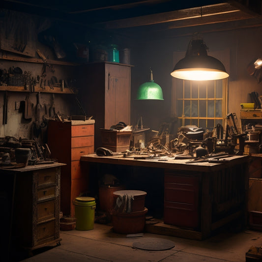 A dimly lit, cluttered workshop with scattered tools, half-finished projects, and dusty shelves, contrasted with a faint, glowing outline of a tidy, organized space in the background.