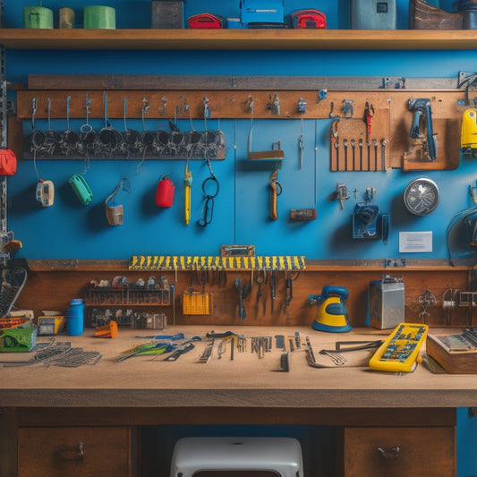 A clutter-free workbench with organized keychains, labeled hooks, and a pegboard with neatly arranged keys, surrounded by tools and electrical components, with a subtle background of a wiring diagram or blueprint.