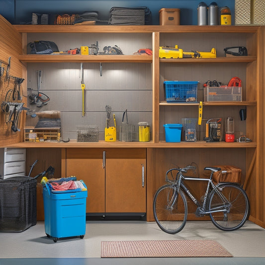 A tidy, well-lit garage with a wall-mounted pegboard, hooks, and bins, alongside a compact rolling cabinet with labeled drawers, surrounded by a few neatly organized power tools and a bicycle.