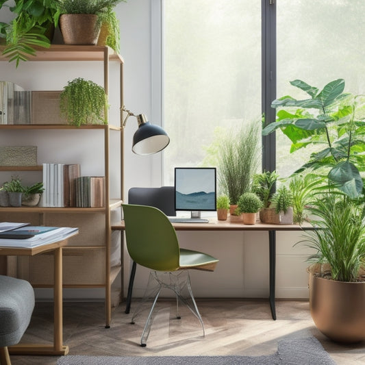 A tidy office with a minimalist desk, a few organized files on a sleek shelf, and a colorful ergonomic chair, surrounded by calming plants and warm natural light.