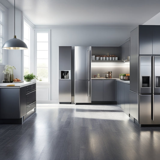 A modern kitchen with 5-7 sleek, stainless steel chest freezers of varying sizes, arranged in a diagonal line, with subtle lighting and a hint of reflection on the floor.