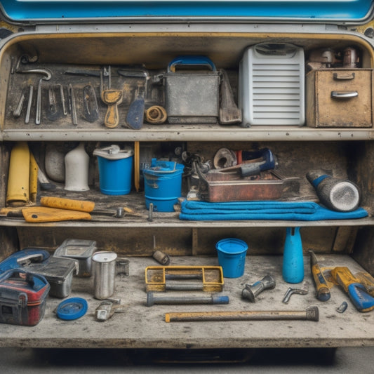 A cluttered plumber's truck bed with scattered tools, pipes, and fittings, contrasted with a nearby organized toolbox with neatly arranged compact storage compartments and a few strategically placed plumbing tools.