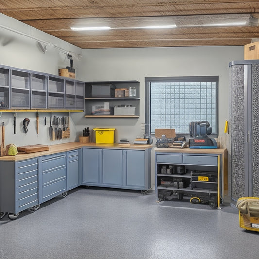 A well-organized garage with a sleek, gray epoxy floor, featuring a pegboard with neatly hung power tools, a storage cabinet with labeled bins, and a workbench with built-in drawers and a vice.