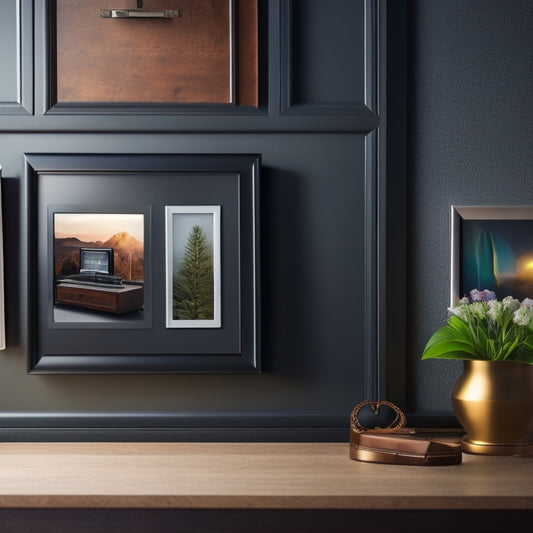 A modern home interior with a sleek key organizer on a wall, a decorative key box on a shelf, and a hidden key safe behind a framed photo.