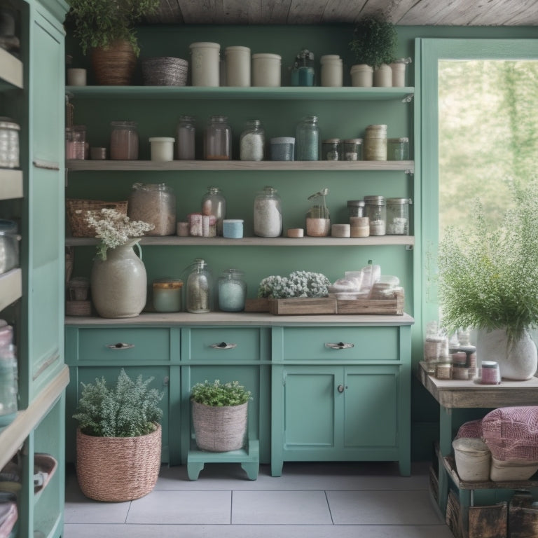 A cluttered storage room transforms into a serene, organized space with DecoArt Chalky Finish Paints: soft pastel hues, distressed wooden crates, and labeled jars on rustic shelves amidst lush greenery.