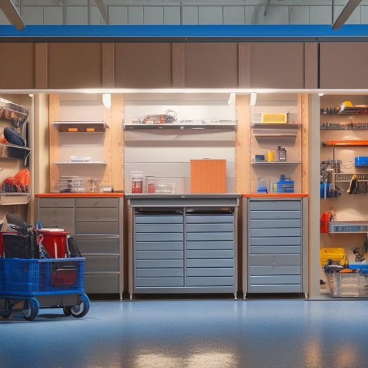 A clutter-free garage with a sleek, silver toolbox on wheels, surrounded by neatly organized rows of hanging bins, tool chests, and pegboards, illuminated by soft, overhead lighting.
