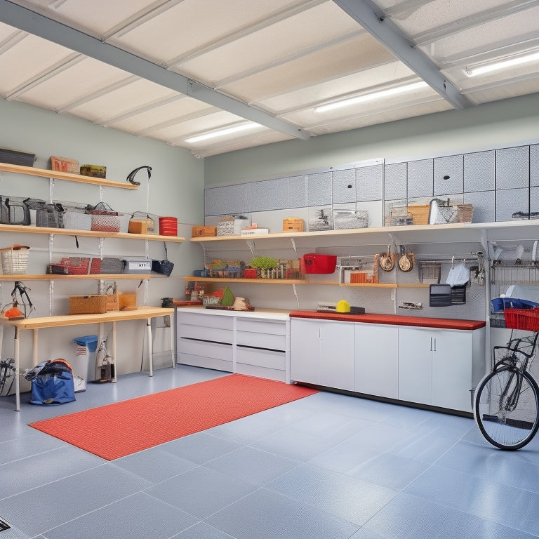 A clutter-free garage interior with a sleek, white epoxy-coated floor, featuring a slatwall with hooks, bins, and baskets, surrounded by labeled cabinets, a foldable workbench, and a few bicycles suspended from the ceiling.