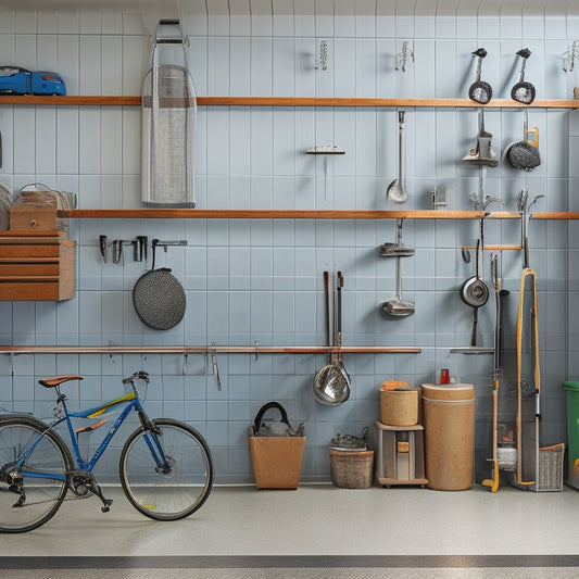 A well-organized garage with a sleek, silver pegboard on the wall, holding various tool holders in a tidy arrangement, surrounded by a few neatly hung bikes and a polished concrete floor.