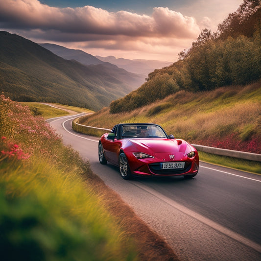 A sleek, cherry-red Mazda MX-5 Miata speeding down a winding road, surrounded by lush green hills, with a blurred motion effect conveying speed and freedom.