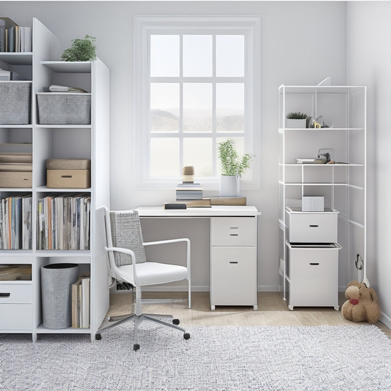 A tidy, modern, white-walled room with a small desk, chair, and shelving unit, featuring 3-5 compact metal storage bins in various sizes, with lids closed, in a harmonious, clutter-free arrangement.