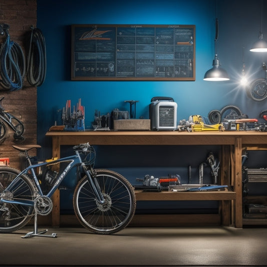 A clutter-free, well-lit workshop bench with an array of sleek, high-quality bike maintenance tools, including a torque wrench, Allen keys, and a bike stand, surrounded by gleaming chrome bike parts.