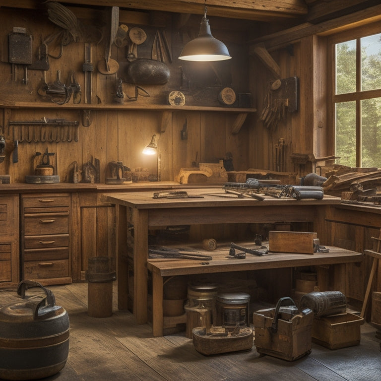 A well-organized workshop with a wooden workbench, vice, and toolboxes, surrounded by half-built DIY projects, power tools, and scattered woodworking plans, amidst a warm, rustic, and inviting atmosphere.