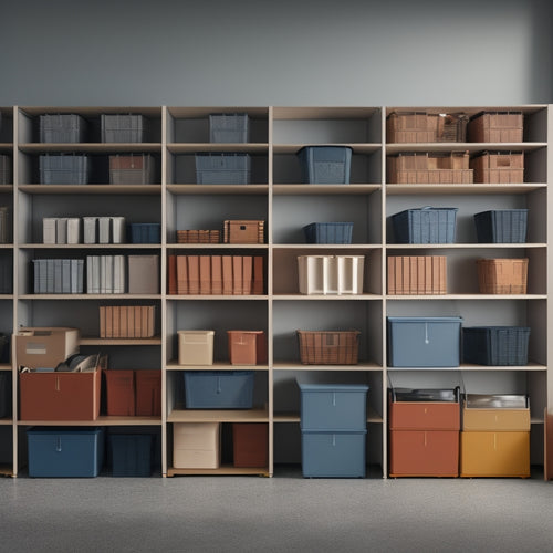 A well-organized storage area with five identical shelves, each holding three to five stacked storage bins in varying sizes, colors, and materials, surrounded by a clean and minimalist background.