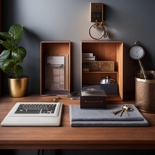 A tidy, modern workspace with a sleek wooden desk, featuring a small, silver key tray with neatly organized keys, a minimalist key hook on the wall, and a decorative key box on a nearby shelf.