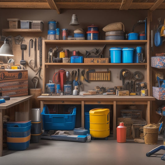 A cluttered garage with scattered tools and boxes, transitioning to a organized space with built wooden storage shelves, showcasing various stages of assembly, hardware, and measuring tape.