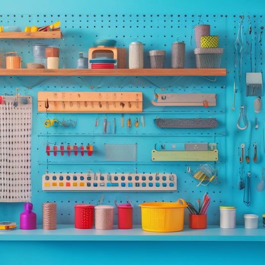 A well-organized pegboard with various colorful hooks, bins, and accessories, surrounded by stylish decorative items, tools, and craft supplies, against a clean white or light-gray background.