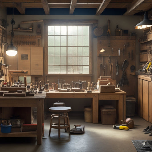 A well-organized workshop with a central workbench, surrounded by labeled toolboxes, a pegboard with hung tools, and a background of neatly stored lumber and equipment, illuminated by natural light.