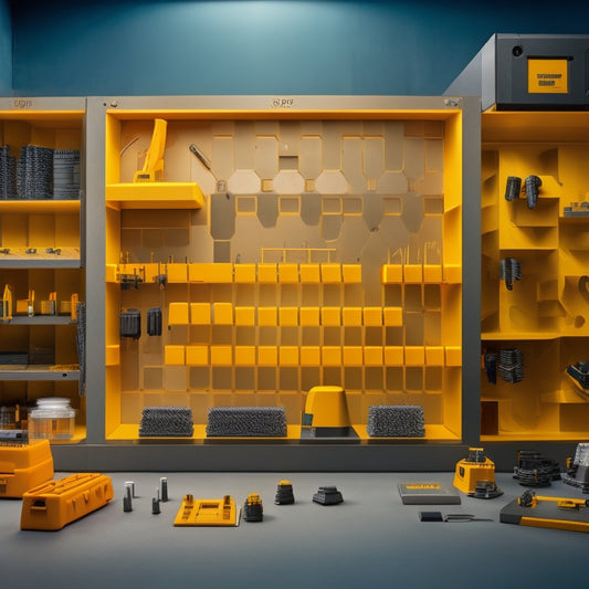 A futuristic workshop background with 5-7 Dewalt hex key holders of varying shapes, sizes, and materials, showcasing innovative designs, such as 3D-printed holders, magnetic strips, and ergonomic grips.