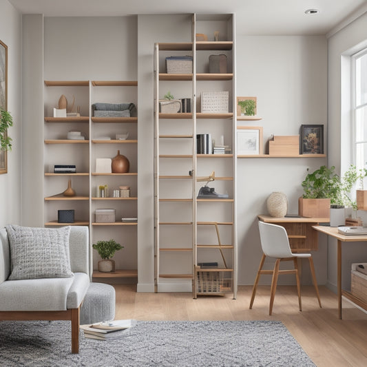 A clutter-free, minimalist studio apartment with a murphy bed, hidden shelves, and a compact desk, showcasing a ladder-turned-bookshelf, stacked baskets, and a sliding storage ottoman.