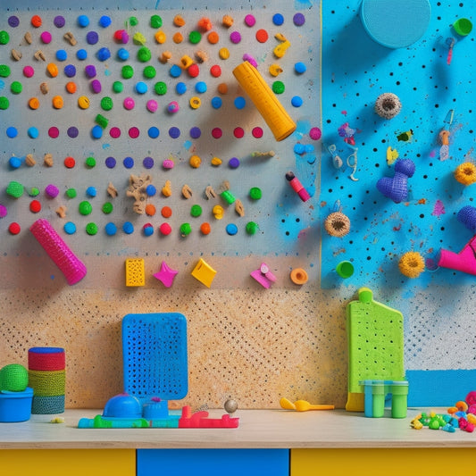 A colorful pegboard with assorted pegs of varying shapes, sizes, and colors, surrounded by toys and educational materials, with a few pegs scattered around, and a child's hand reaching for one.
