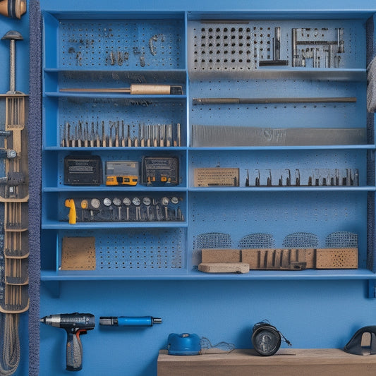 A neatly organized pegboard with a mix of power tools, such as a drill, impact driver, and circular saw, each securely held in place by sturdy metal hooks and dividers.