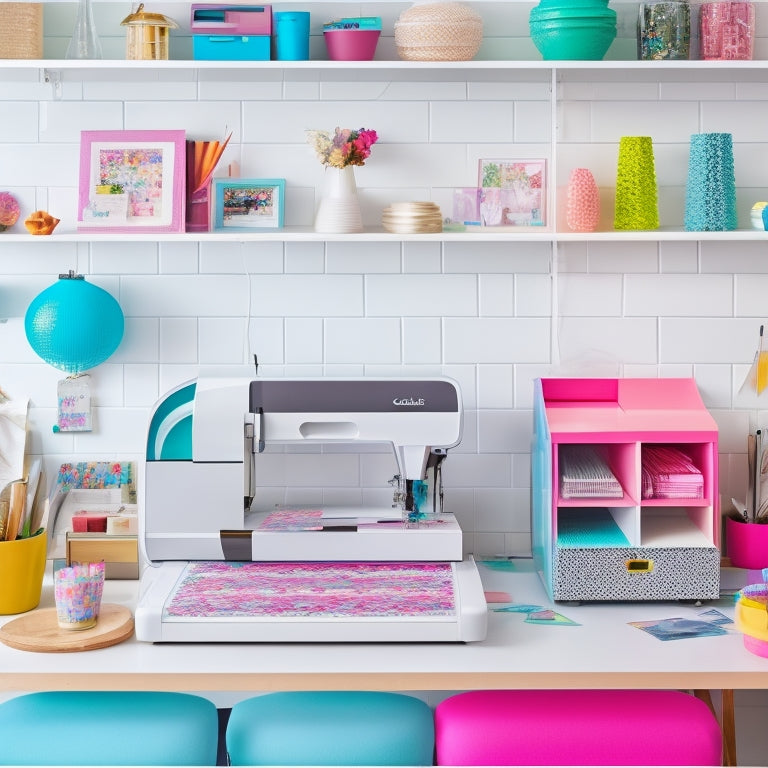 A vibrant, modern workspace with a Cricut Joy machine center-stage, surrounded by colorful paper scraps, vinyl sheets, and DIY projects in various stages of creation, amidst a scattering of craft tools and inspirational accents.