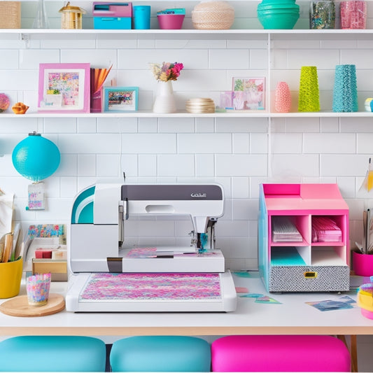 A vibrant, modern workspace with a Cricut Joy machine center-stage, surrounded by colorful paper scraps, vinyl sheets, and DIY projects in various stages of creation, amidst a scattering of craft tools and inspirational accents.