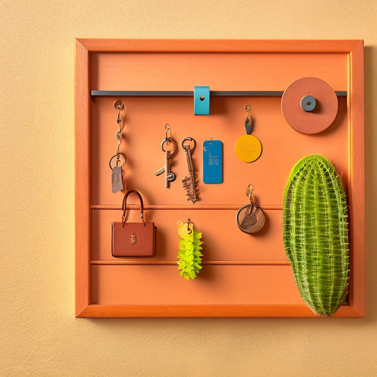 A minimalist wooden wall-mounted key holder with 5 hooks, adorned with a small potted succulent, surrounded by scattered keys, a wallet, and a few coins, on a warm beige background.