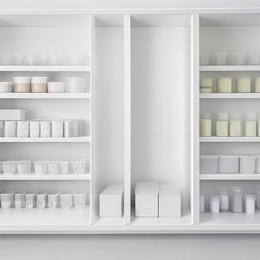 A minimalist, modern storage area with sleek white shelves stacked with neatly organized, transparent plastic containers of varying sizes, surrounded by a clean, light-gray background.