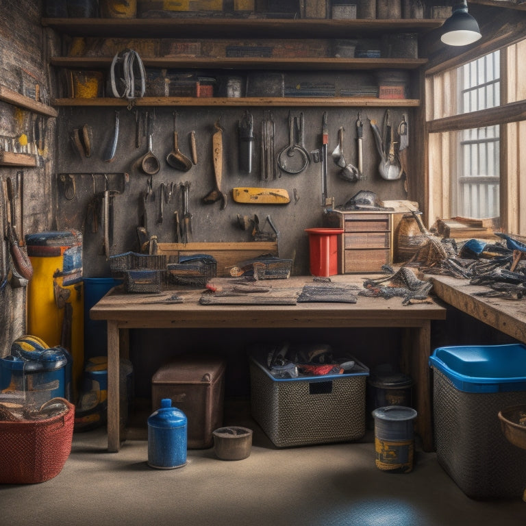 A cluttered tiny garage with scattered tools and a workbench in disarray, contrasted with a compact storage system in the corner, featuring neatly organized bins and a labeled pegboard.