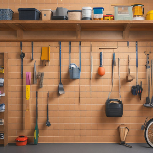 A tidy, modern garage with five hanging bins of varying sizes suspended from a wooden pegboard, each containing organized tools, sports equipment, or household items, with a faint grid pattern on the wall.
